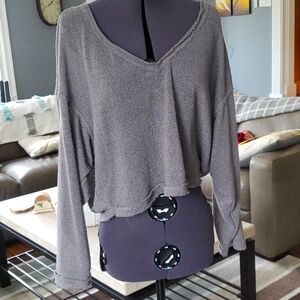 Top gray semi sheer dolman sleeve crop v neck Out From Under sp